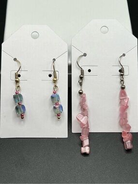 Handmade Beaded Dangle Earrings Lot of 2 Pink Cat’s Eye & Aurora Borealis Glass